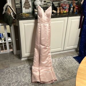 Pink satin spaghetti strap long dress